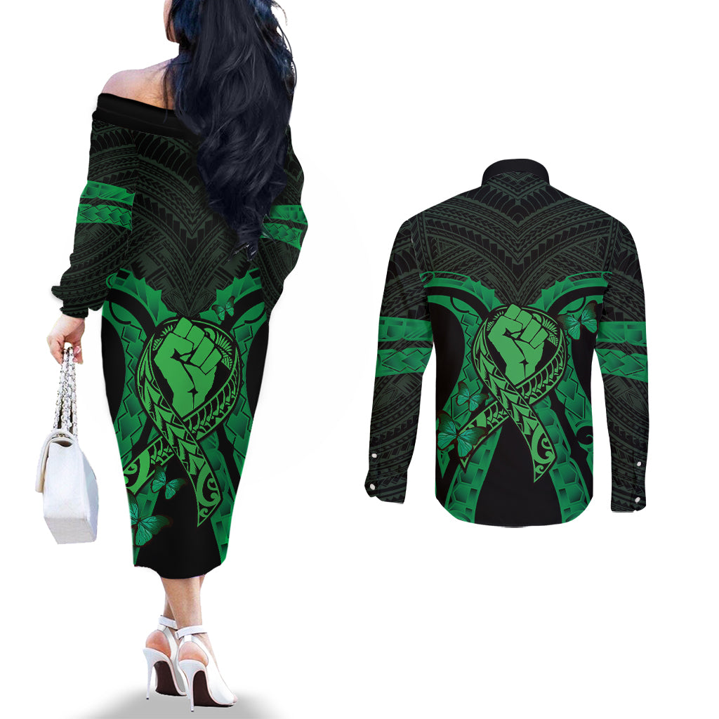 ADHD Awareness Month You Matter Couples Matching Off The Shoulder Long Sleeve Dress and Long Sleeve Button Shirt Green Polynesian Ribbon LT14 - Polynesian Pride
