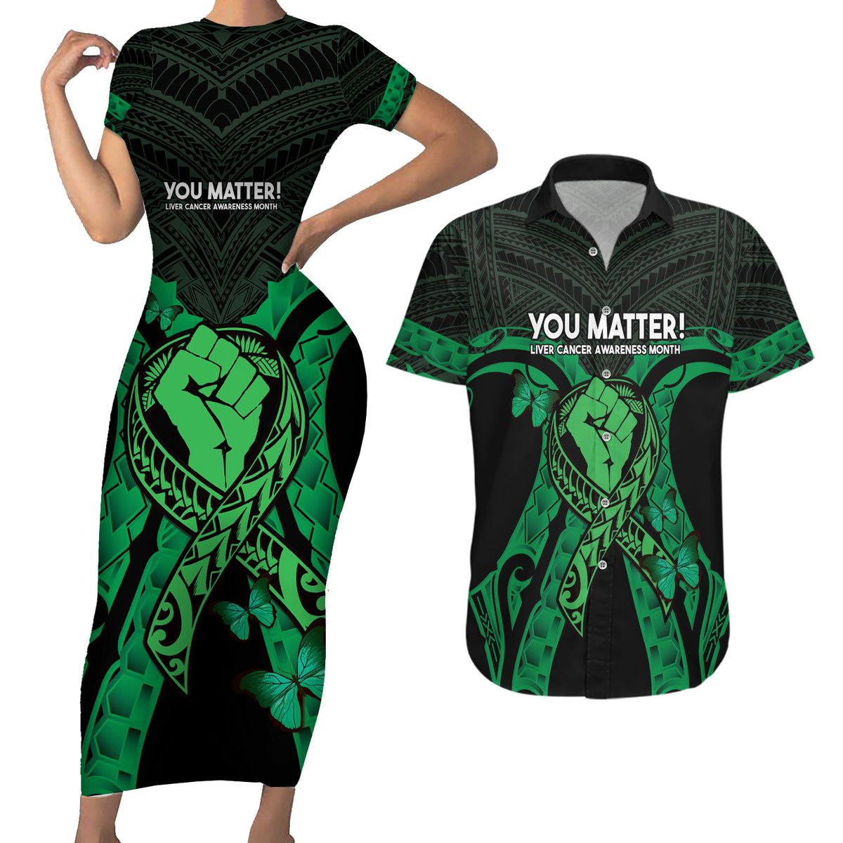 ADHD Awareness Month You Matter Couples Matching Short Sleeve Bodycon Dress and Hawaiian Shirt Green Polynesian Ribbon LT14 Green - Polynesian Pride