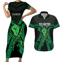 ADHD Awareness Month You Matter Couples Matching Short Sleeve Bodycon Dress and Hawaiian Shirt Green Polynesian Ribbon LT14 Green - Polynesian Pride