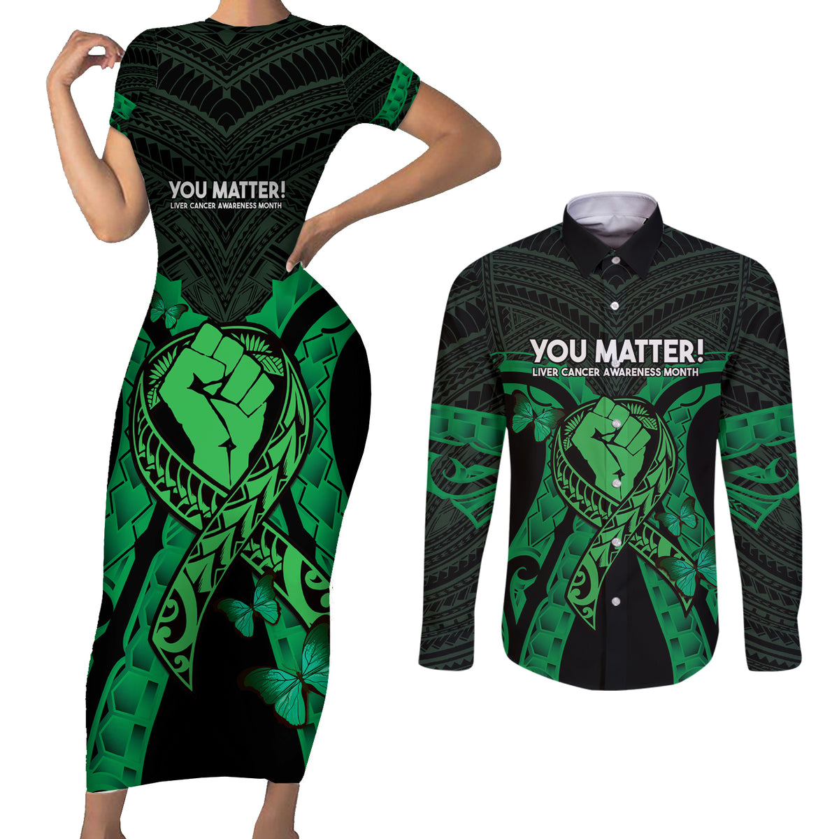 ADHD Awareness Month You Matter Couples Matching Short Sleeve Bodycon Dress and Long Sleeve Button Shirt Green Polynesian Ribbon LT14 Green - Polynesian Pride