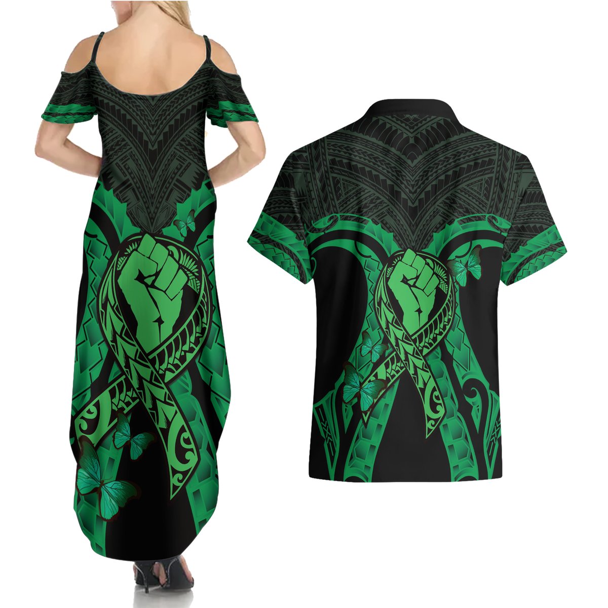 ADHD Awareness Month You Matter Couples Matching Summer Maxi Dress and Hawaiian Shirt Green Polynesian Ribbon LT14 - Polynesian Pride