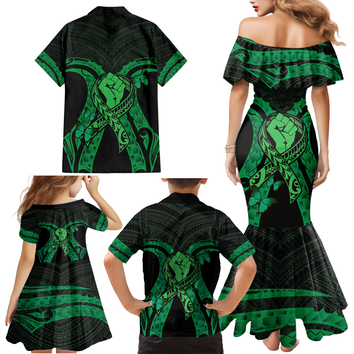 ADHD Awareness Month You Matter Family Matching Mermaid Dress and Hawaiian Shirt Green Polynesian Ribbon LT14 - Polynesian Pride