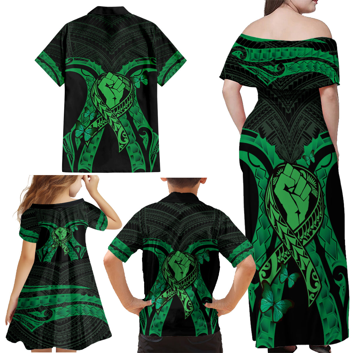 ADHD Awareness Month You Matter Family Matching Off Shoulder Maxi Dress and Hawaiian Shirt Green Polynesian Ribbon LT14 - Polynesian Pride