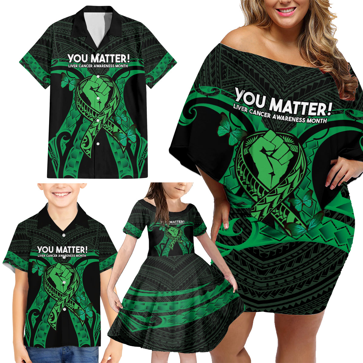 ADHD Awareness Month You Matter Family Matching Off Shoulder Short Dress and Hawaiian Shirt Green Polynesian Ribbon LT14 - Polynesian Pride