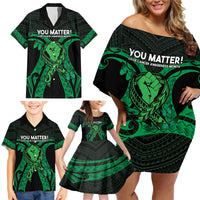 ADHD Awareness Month You Matter Family Matching Off Shoulder Short Dress and Hawaiian Shirt Green Polynesian Ribbon LT14 - Polynesian Pride