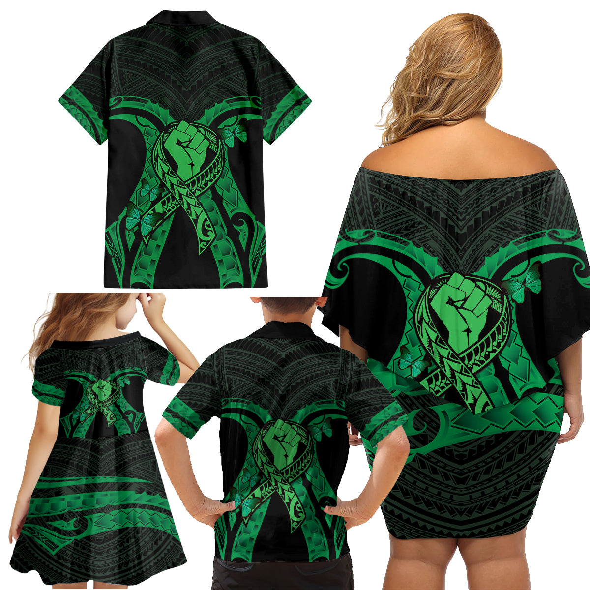 ADHD Awareness Month You Matter Family Matching Off Shoulder Short Dress and Hawaiian Shirt Green Polynesian Ribbon LT14 - Polynesian Pride