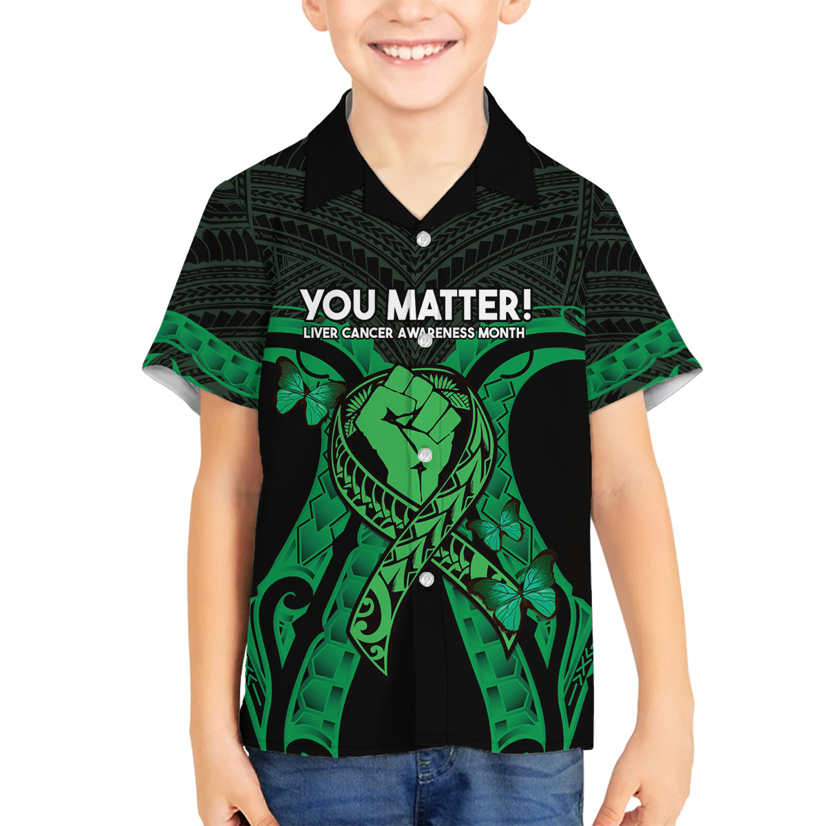 ADHD Awareness Month You Matter Family Matching Off Shoulder Short Dress and Hawaiian Shirt Green Polynesian Ribbon LT14 Son's Shirt Green - Polynesian Pride