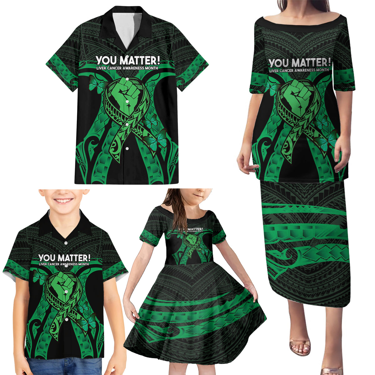 ADHD Awareness Month You Matter Family Matching Puletasi and Hawaiian Shirt Green Polynesian Ribbon LT14 - Polynesian Pride