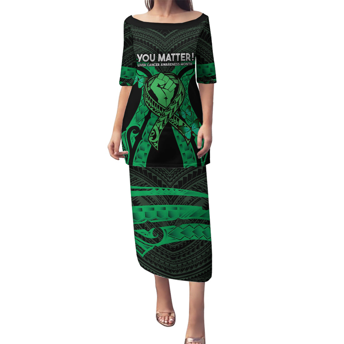 ADHD Awareness Month You Matter Family Matching Puletasi and Hawaiian Shirt Green Polynesian Ribbon LT14 Mom's Dress Green - Polynesian Pride