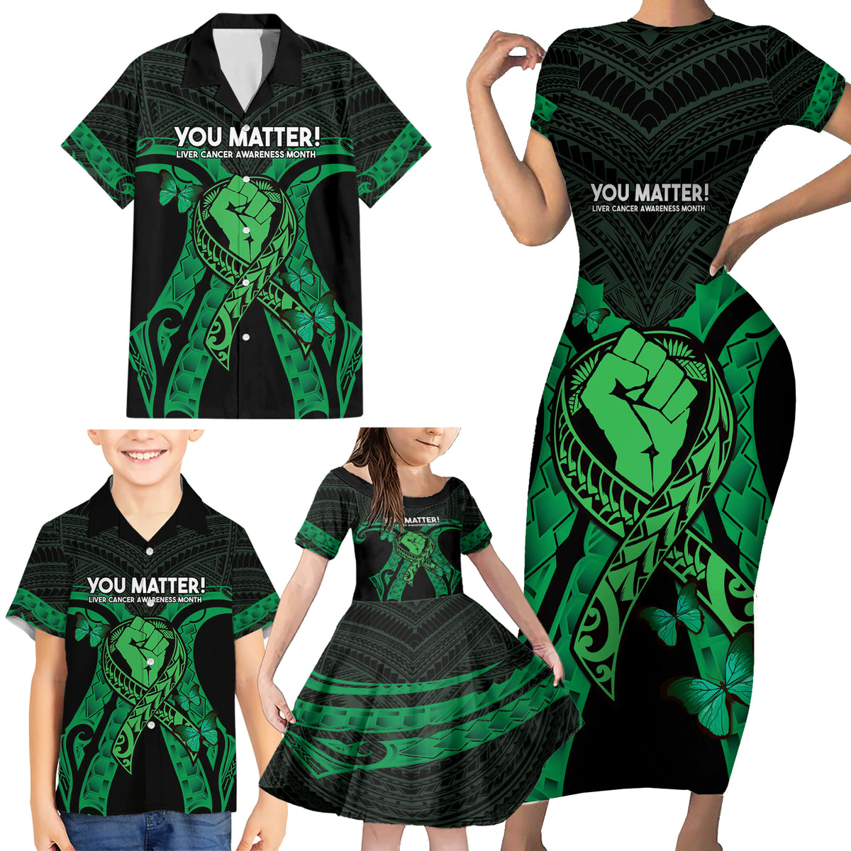 ADHD Awareness Month You Matter Family Matching Short Sleeve Bodycon Dress and Hawaiian Shirt Green Polynesian Ribbon LT14 - Polynesian Pride