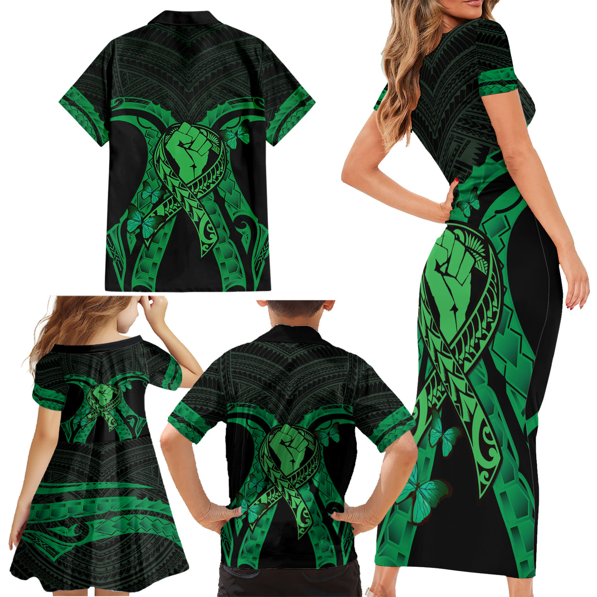 ADHD Awareness Month You Matter Family Matching Short Sleeve Bodycon Dress and Hawaiian Shirt Green Polynesian Ribbon LT14 - Polynesian Pride