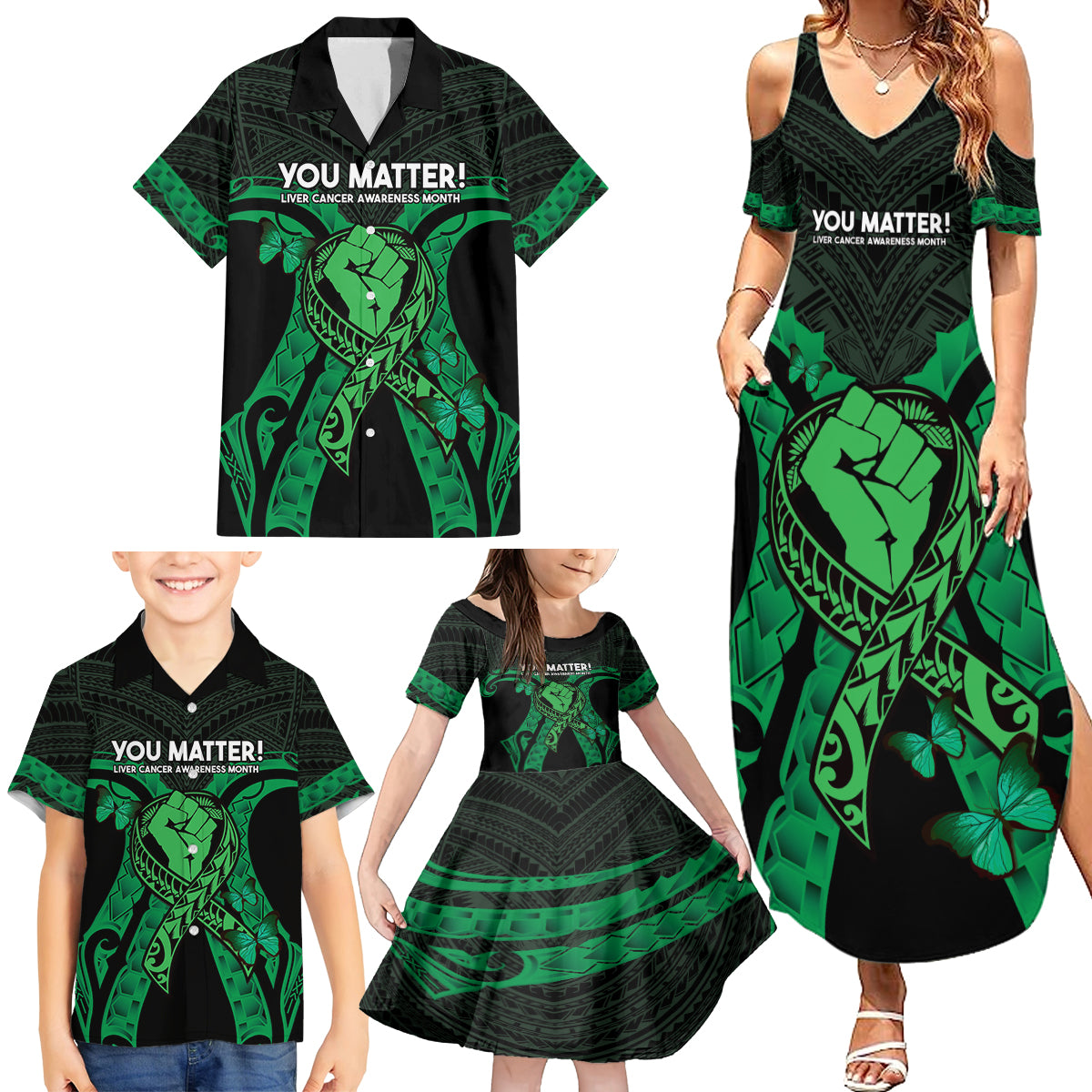 ADHD Awareness Month You Matter Family Matching Summer Maxi Dress and Hawaiian Shirt Green Polynesian Ribbon LT14 - Polynesian Pride
