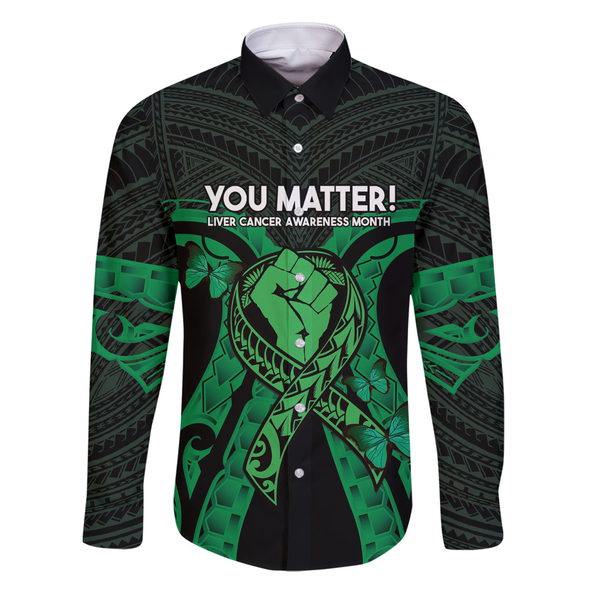 ADHD Awareness Month You Matter Family Matching Summer Maxi Dress and Hawaiian Shirt Green Polynesian Ribbon LT14 Dad's Shirt - Long Sleeve Green - Polynesian Pride
