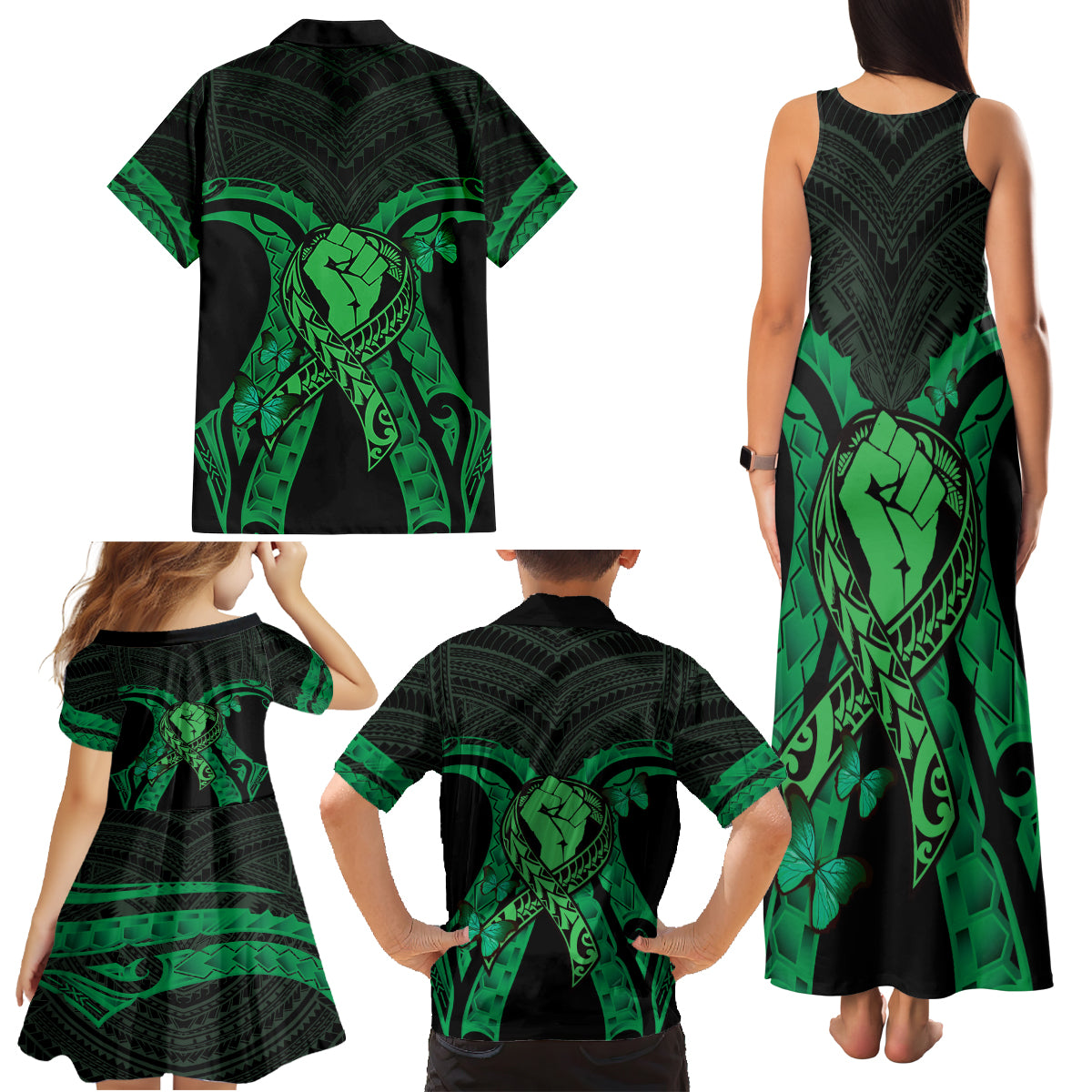 ADHD Awareness Month You Matter Family Matching Tank Maxi Dress and Hawaiian Shirt Green Polynesian Ribbon LT14 - Polynesian Pride