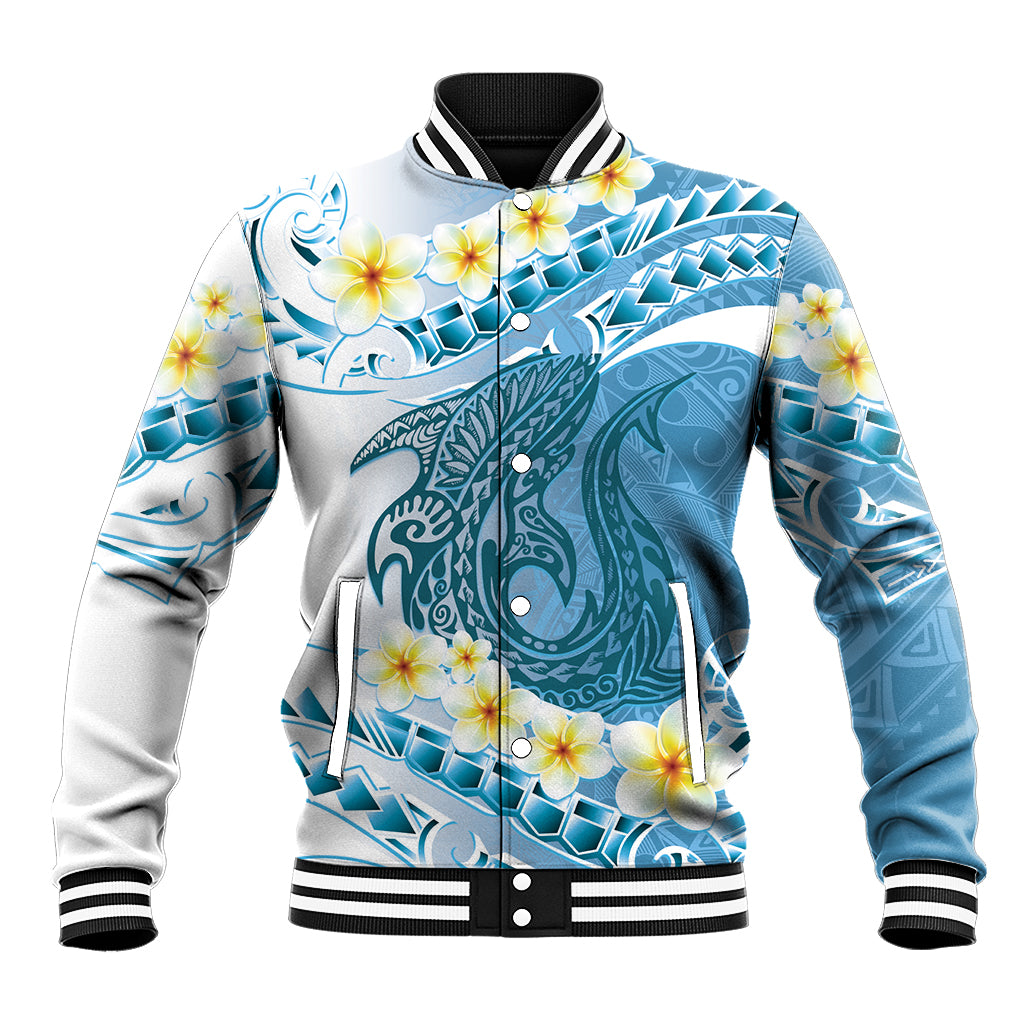 Blue Hawaii Shark Tattoo Baseball Jacket Frangipani With Polynesian Pastel Version