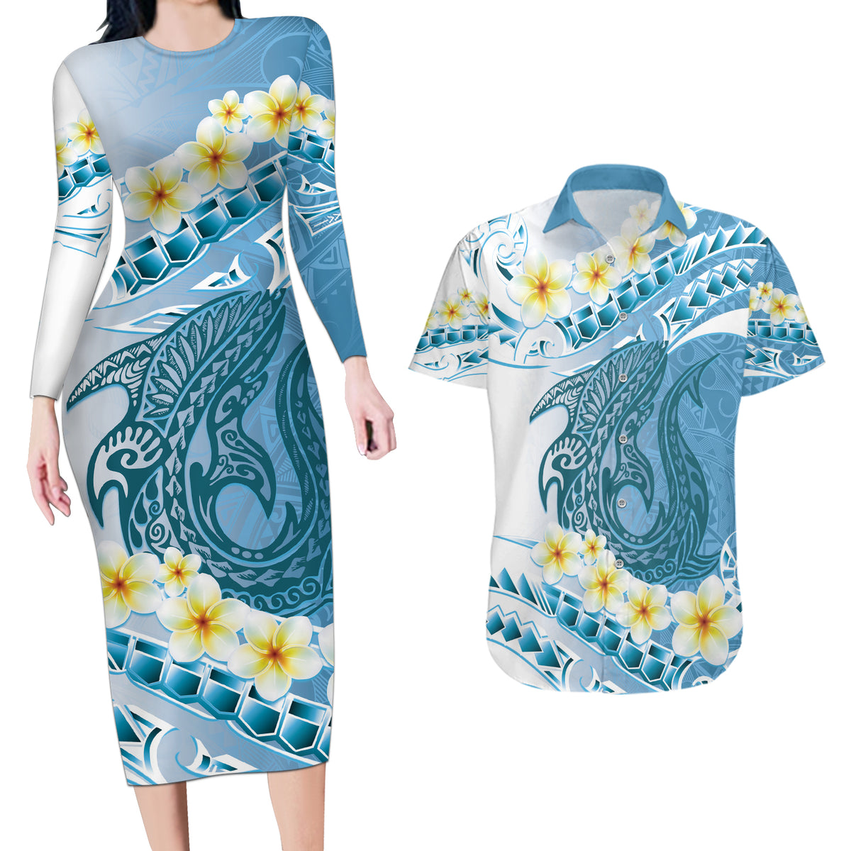 Blue Hawaii Shark Tattoo Couples Matching Long Sleeve Bodycon Dress and Hawaiian Shirt Frangipani With Polynesian Pastel Version LT14 Blue - Polynesian Pride