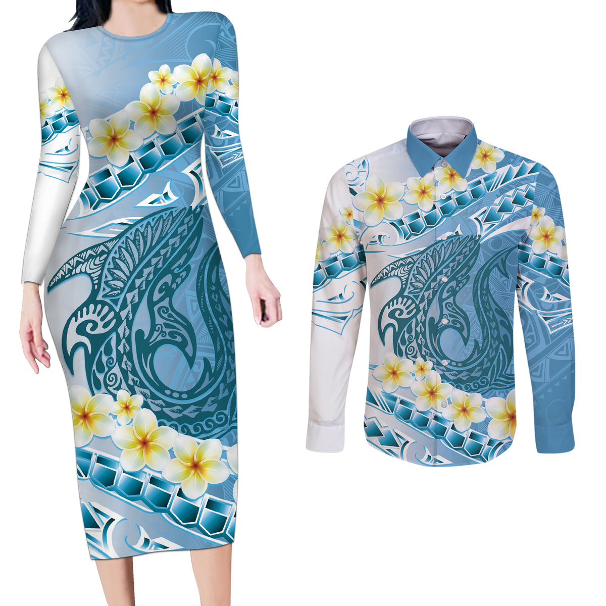 Blue Hawaii Shark Tattoo Couples Matching Long Sleeve Bodycon Dress and Long Sleeve Button Shirt Frangipani With Polynesian Pastel Version LT14 Blue - Polynesian Pride