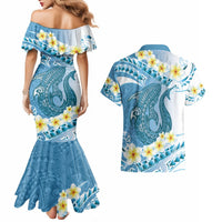 Blue Hawaii Shark Tattoo Couples Matching Mermaid Dress and Hawaiian Shirt Frangipani With Polynesian Pastel Version LT14 - Polynesian Pride