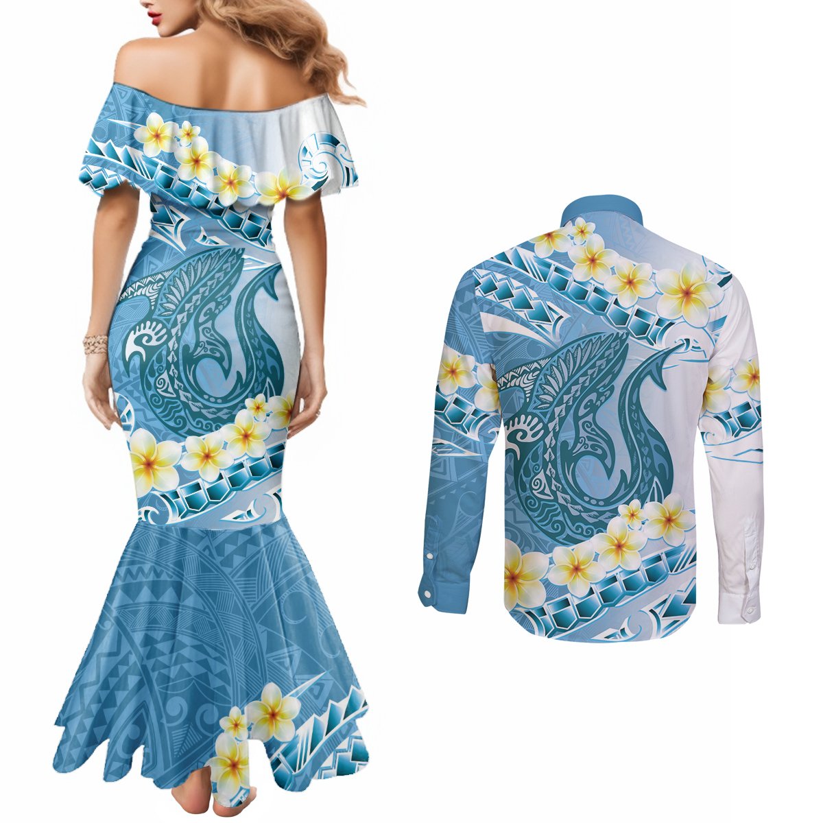 Blue Hawaii Shark Tattoo Couples Matching Mermaid Dress and Long Sleeve Button Shirt Frangipani With Polynesian Pastel Version
