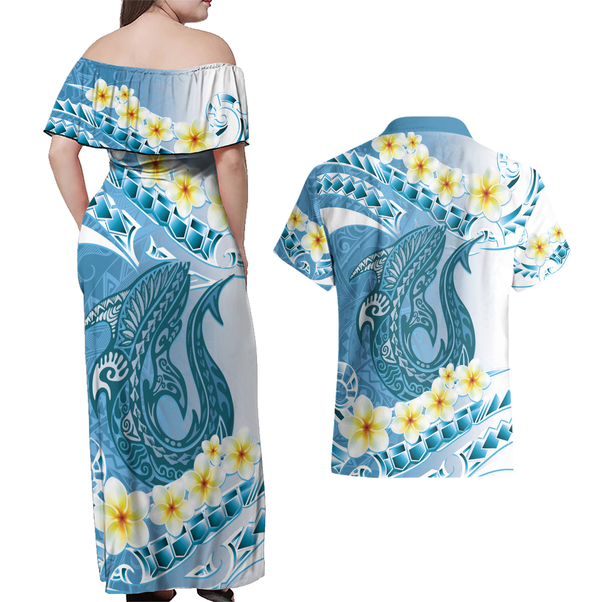 Blue Hawaii Shark Tattoo Couples Matching Off Shoulder Maxi Dress and Hawaiian Shirt Frangipani With Polynesian Pastel Version LT14 - Polynesian Pride