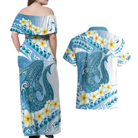 Blue Hawaii Shark Tattoo Couples Matching Off Shoulder Maxi Dress and Hawaiian Shirt Frangipani With Polynesian Pastel Version LT14 - Polynesian Pride