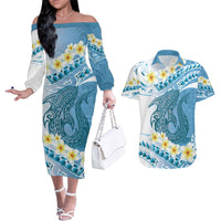 Blue Hawaii Shark Tattoo Couples Matching Off The Shoulder Long Sleeve Dress and Hawaiian Shirt Frangipani With Polynesian Pastel Version LT14 Blue - Polynesian Pride