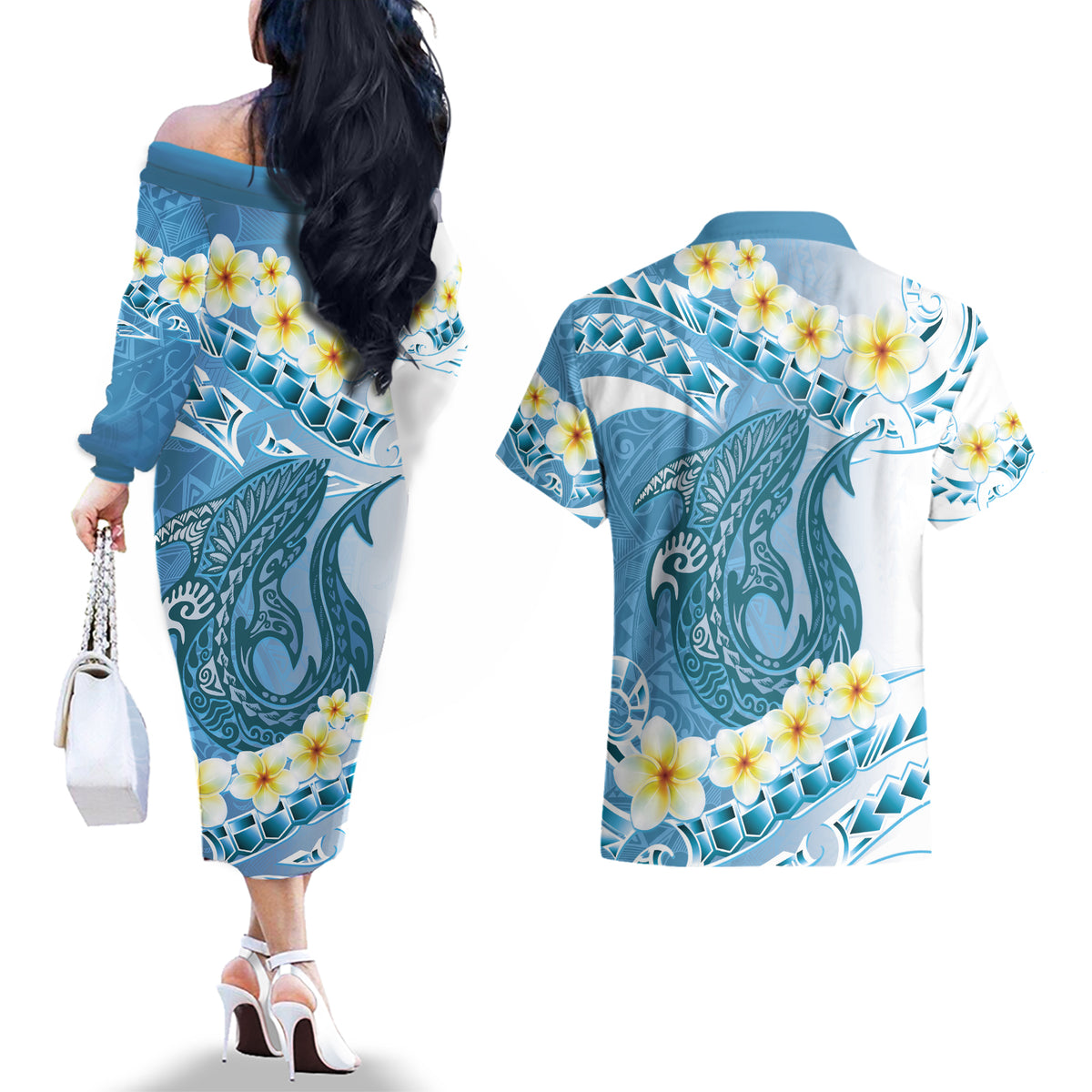 Blue Hawaii Shark Tattoo Couples Matching Off The Shoulder Long Sleeve Dress and Hawaiian Shirt Frangipani With Polynesian Pastel Version LT14 - Polynesian Pride