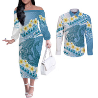 Blue Hawaii Shark Tattoo Couples Matching Off The Shoulder Long Sleeve Dress and Long Sleeve Button Shirt Frangipani With Polynesian Pastel Version LT14 Blue - Polynesian Pride