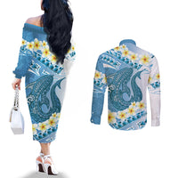 Blue Hawaii Shark Tattoo Couples Matching Off The Shoulder Long Sleeve Dress and Long Sleeve Button Shirt Frangipani With Polynesian Pastel Version LT14 - Polynesian Pride