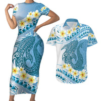 Blue Hawaii Shark Tattoo Couples Matching Short Sleeve Bodycon Dress and Hawaiian Shirt Frangipani With Polynesian Pastel Version LT14 Blue - Polynesian Pride