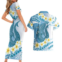 Blue Hawaii Shark Tattoo Couples Matching Short Sleeve Bodycon Dress and Hawaiian Shirt Frangipani With Polynesian Pastel Version LT14 - Polynesian Pride