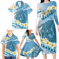 Blue Hawaii Shark Tattoo Family Matching Long Sleeve Bodycon Dress and Hawaiian Shirt Frangipani With Polynesian Pastel Version LT14 - Polynesian Pride