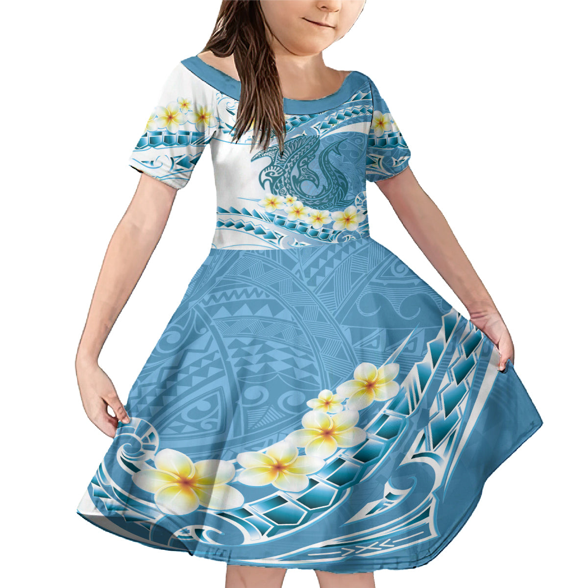 Blue Hawaii Shark Tattoo Family Matching Mermaid Dress and Hawaiian Shirt Frangipani With Polynesian Pastel Version LT14 Daughter's Dress Blue - Polynesian Pride