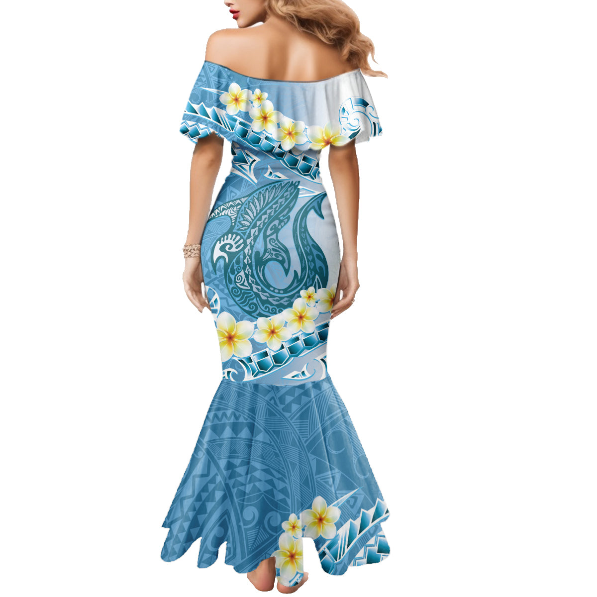 Blue Hawaii Shark Tattoo Family Matching Mermaid Dress and Hawaiian Shirt Frangipani With Polynesian Pastel Version LT14 - Polynesian Pride