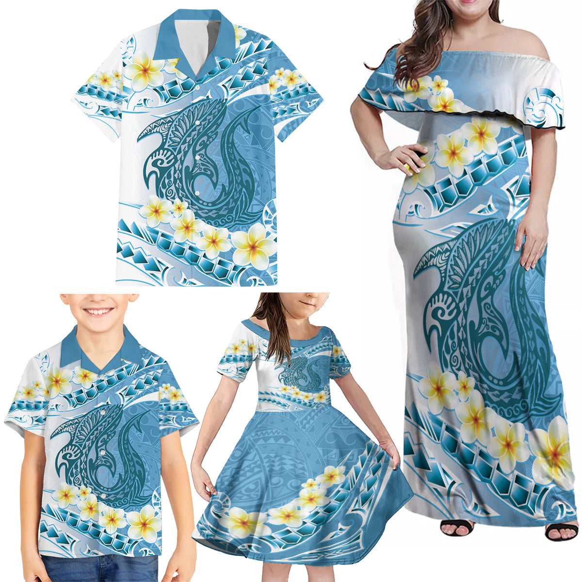Blue Hawaii Shark Tattoo Family Matching Off Shoulder Maxi Dress and Hawaiian Shirt Frangipani With Polynesian Pastel Version LT14 - Polynesian Pride