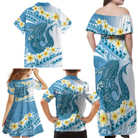 Blue Hawaii Shark Tattoo Family Matching Off Shoulder Maxi Dress and Hawaiian Shirt Frangipani With Polynesian Pastel Version LT14 - Polynesian Pride