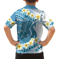 Blue Hawaii Shark Tattoo Family Matching Off Shoulder Short Dress and Hawaiian Shirt Frangipani With Polynesian Pastel Version LT14 - Polynesian Pride