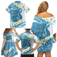 Blue Hawaii Shark Tattoo Family Matching Off Shoulder Short Dress and Hawaiian Shirt Frangipani With Polynesian Pastel Version LT14 - Polynesian Pride