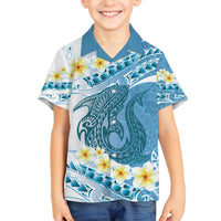Blue Hawaii Shark Tattoo Family Matching Off Shoulder Short Dress and Hawaiian Shirt Frangipani With Polynesian Pastel Version LT14 Son's Shirt Blue - Polynesian Pride