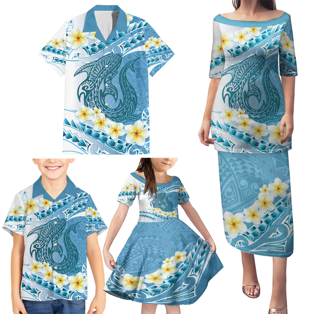 Blue Hawaii Shark Tattoo Family Matching Puletasi and Hawaiian Shirt Frangipani With Polynesian Pastel Version LT14 - Polynesian Pride