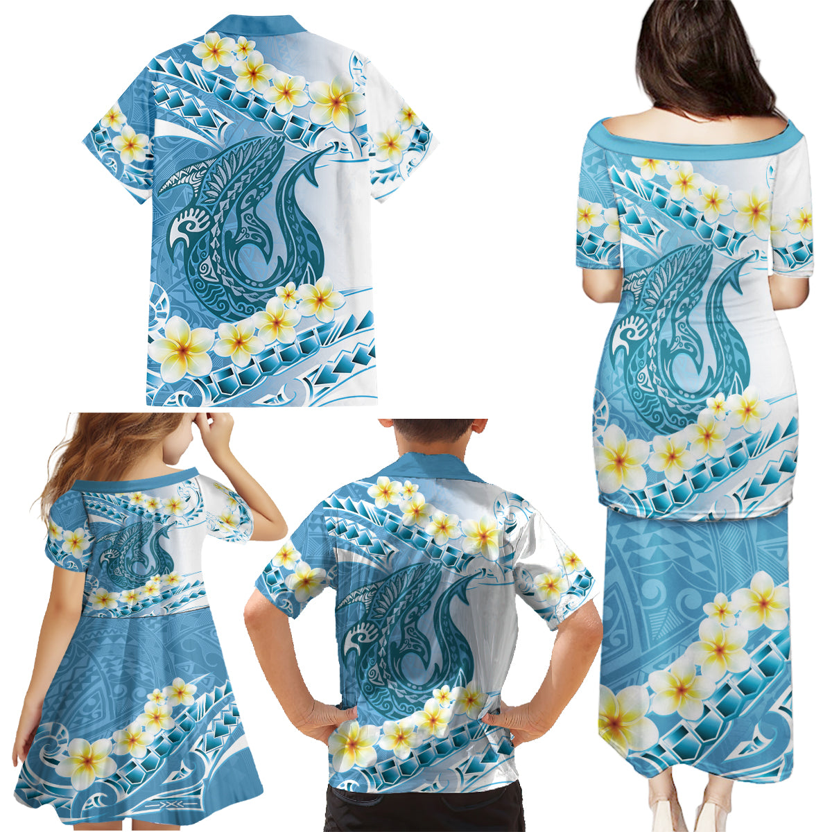 Blue Hawaii Shark Tattoo Family Matching Puletasi and Hawaiian Shirt Frangipani With Polynesian Pastel Version LT14 - Polynesian Pride