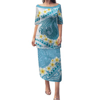 Blue Hawaii Shark Tattoo Family Matching Puletasi and Hawaiian Shirt Frangipani With Polynesian Pastel Version LT14 Mom's Dress Blue - Polynesian Pride