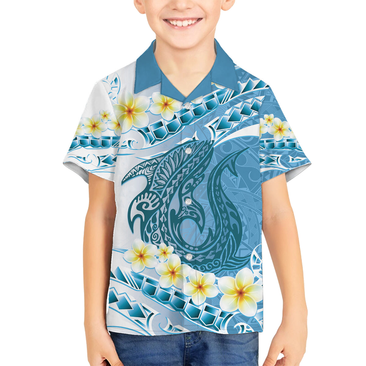 Blue Hawaii Shark Tattoo Family Matching Puletasi and Hawaiian Shirt Frangipani With Polynesian Pastel Version LT14 Son's Shirt Blue - Polynesian Pride
