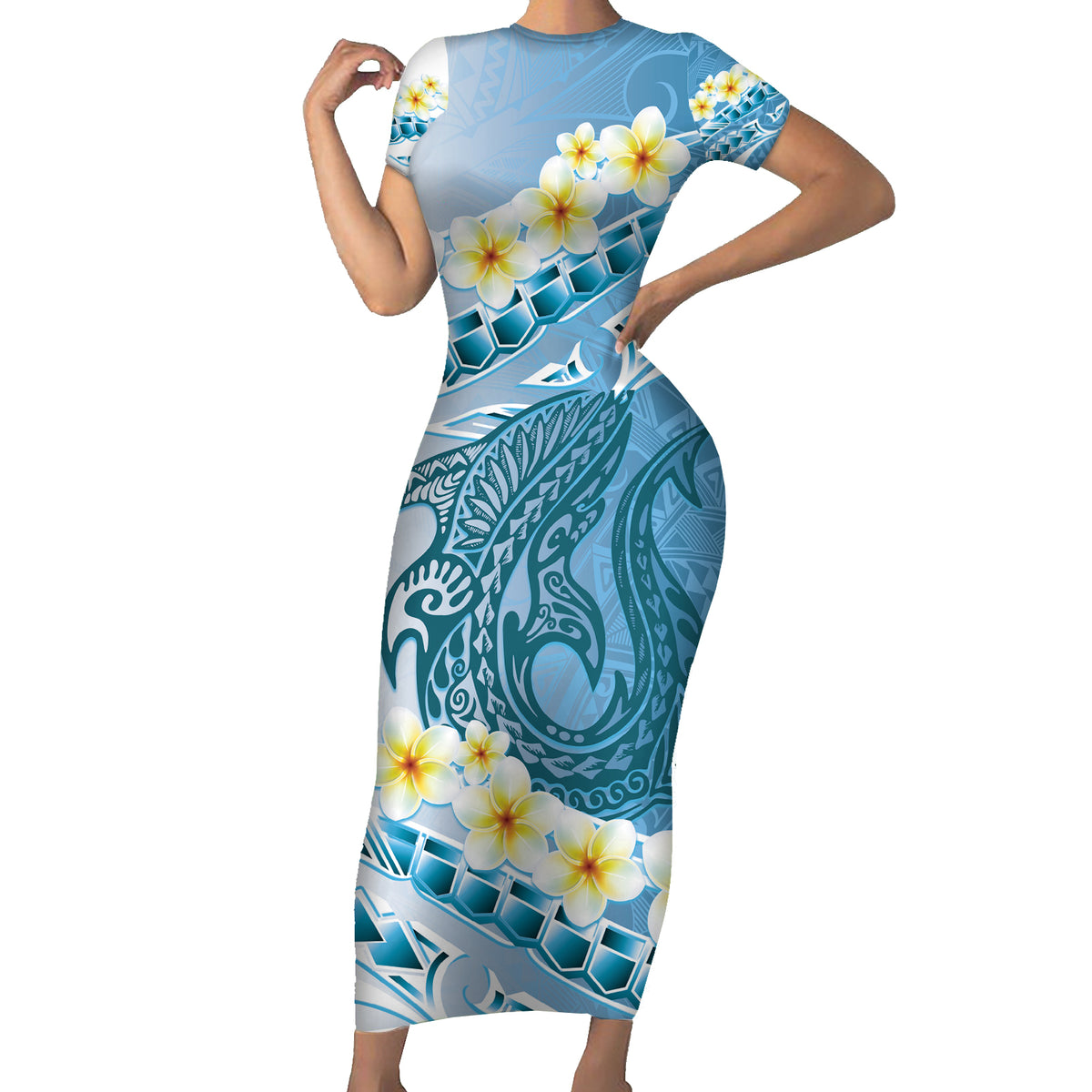 Blue Hawaii Shark Tattoo Family Matching Short Sleeve Bodycon Dress and Hawaiian Shirt Frangipani With Polynesian Pastel Version LT14 Mom's Dress Blue - Polynesian Pride