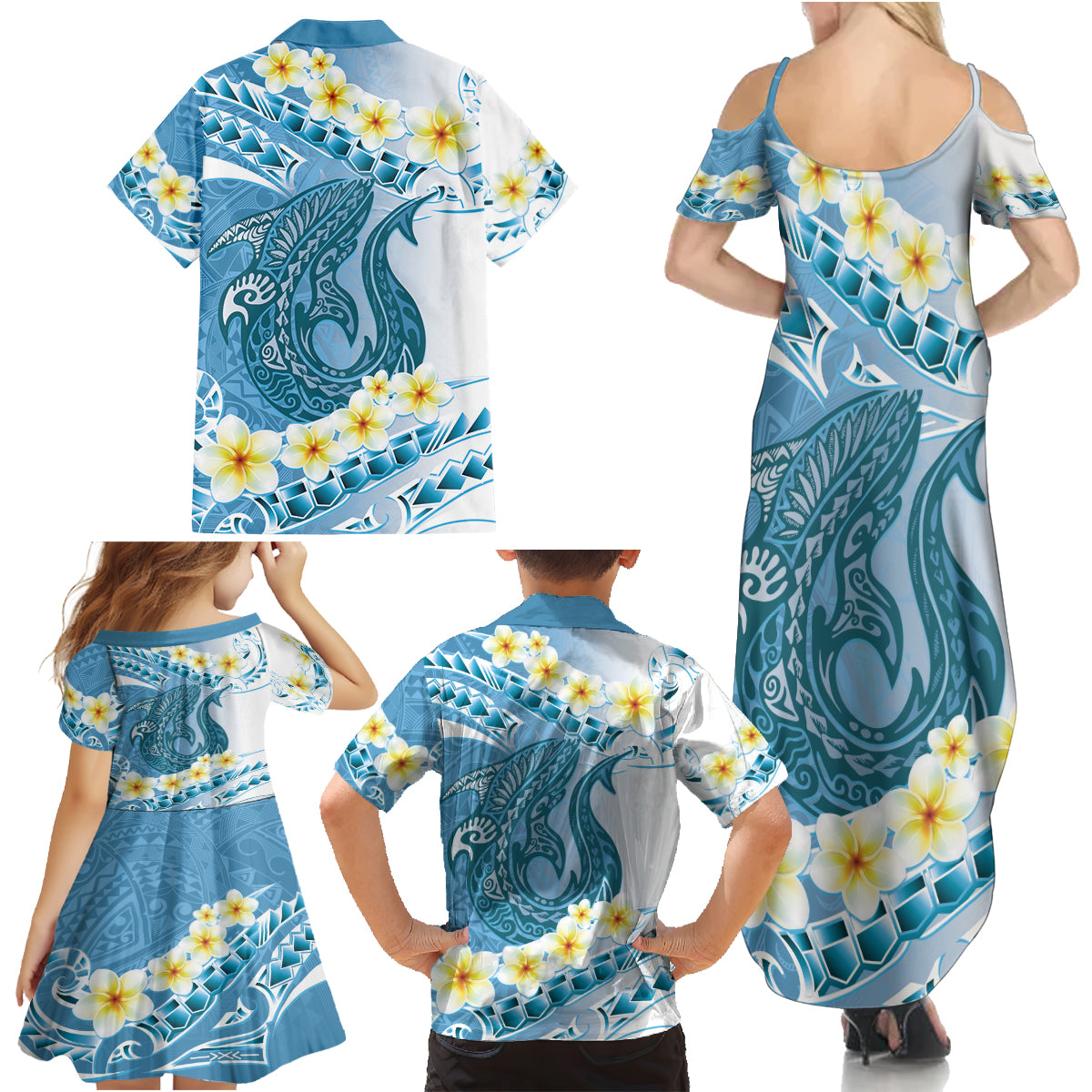 Blue Hawaii Shark Tattoo Family Matching Summer Maxi Dress and Hawaiian Shirt Frangipani With Polynesian Pastel Version LT14 - Polynesian Pride