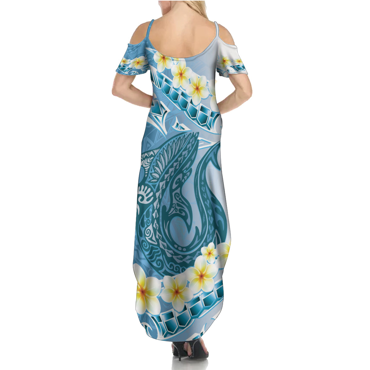 Blue Hawaii Shark Tattoo Family Matching Summer Maxi Dress and Hawaiian Shirt Frangipani With Polynesian Pastel Version LT14 - Polynesian Pride