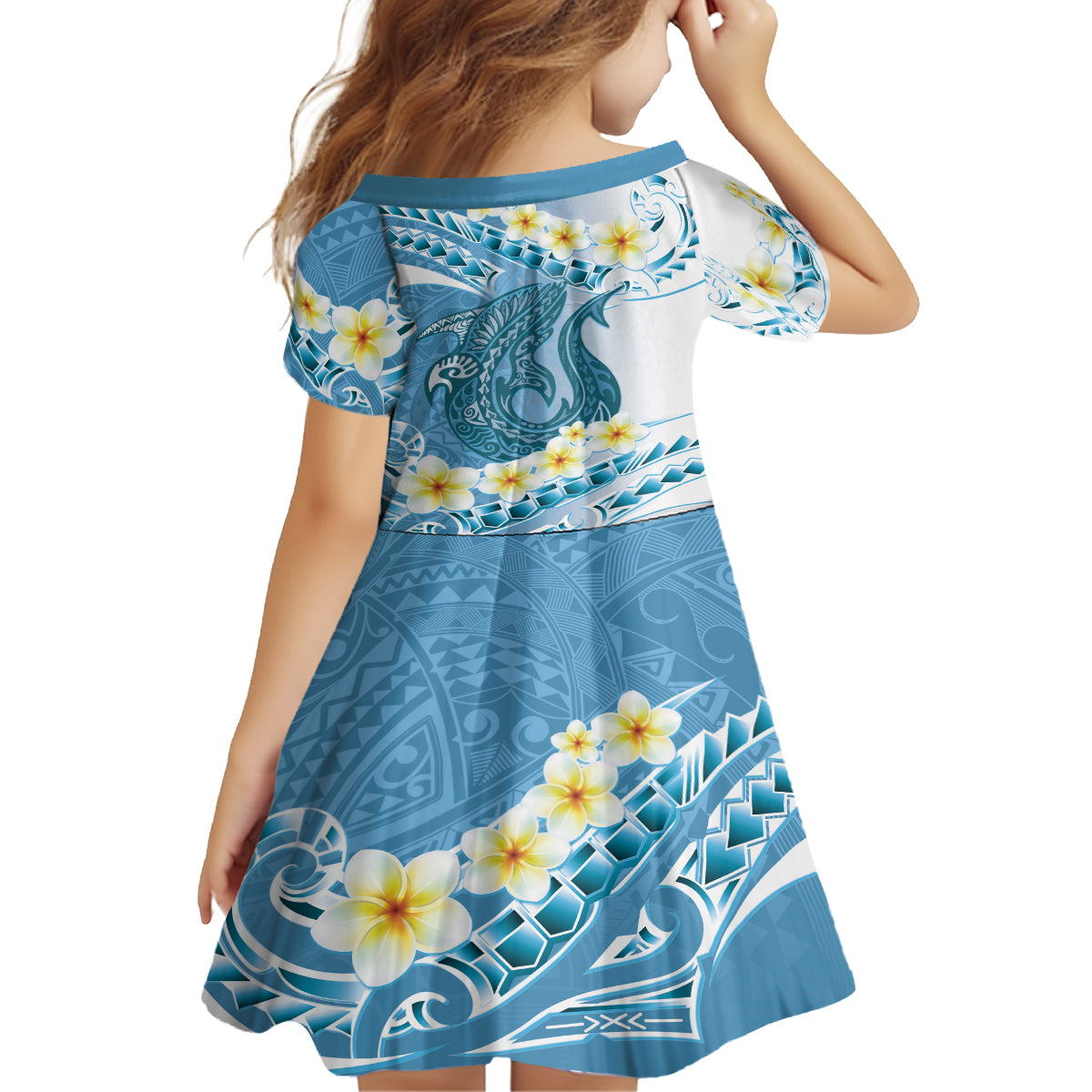 Blue Hawaii Shark Tattoo Kid Short Sleeve Dress Frangipani With Polynesian Pastel Version