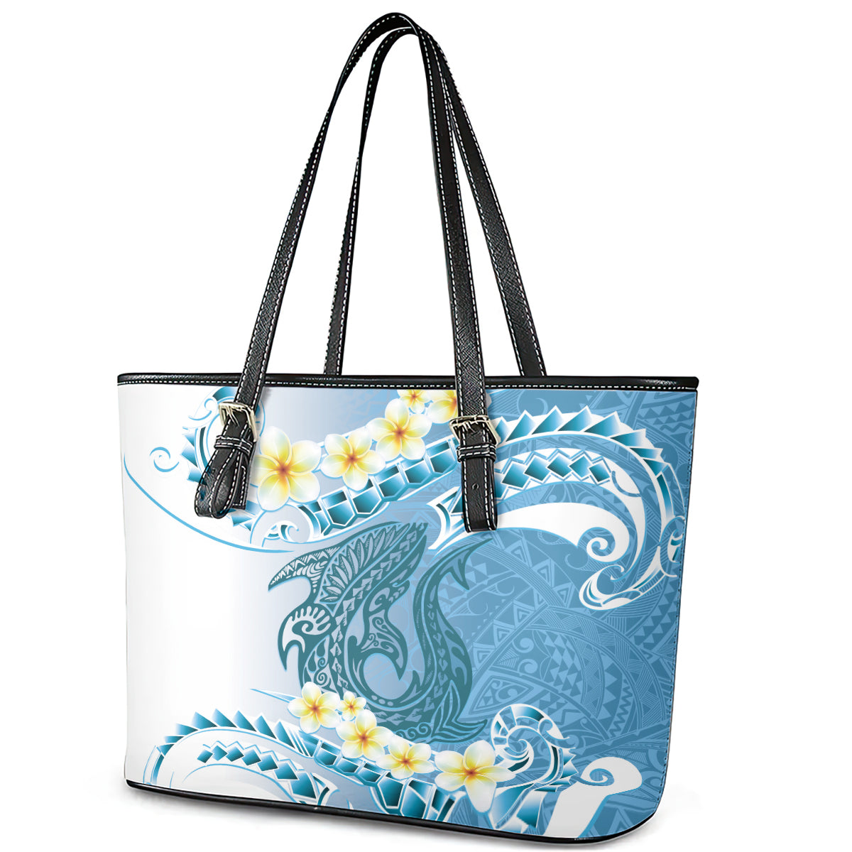 Blue Hawaii Shark Tattoo Leather Tote Bag Frangipani With Polynesian Pastel Version