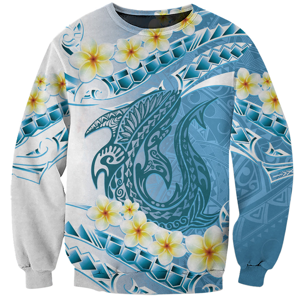 Blue Hawaii Shark Tattoo Sweatshirt Frangipani With Polynesian Pastel Version