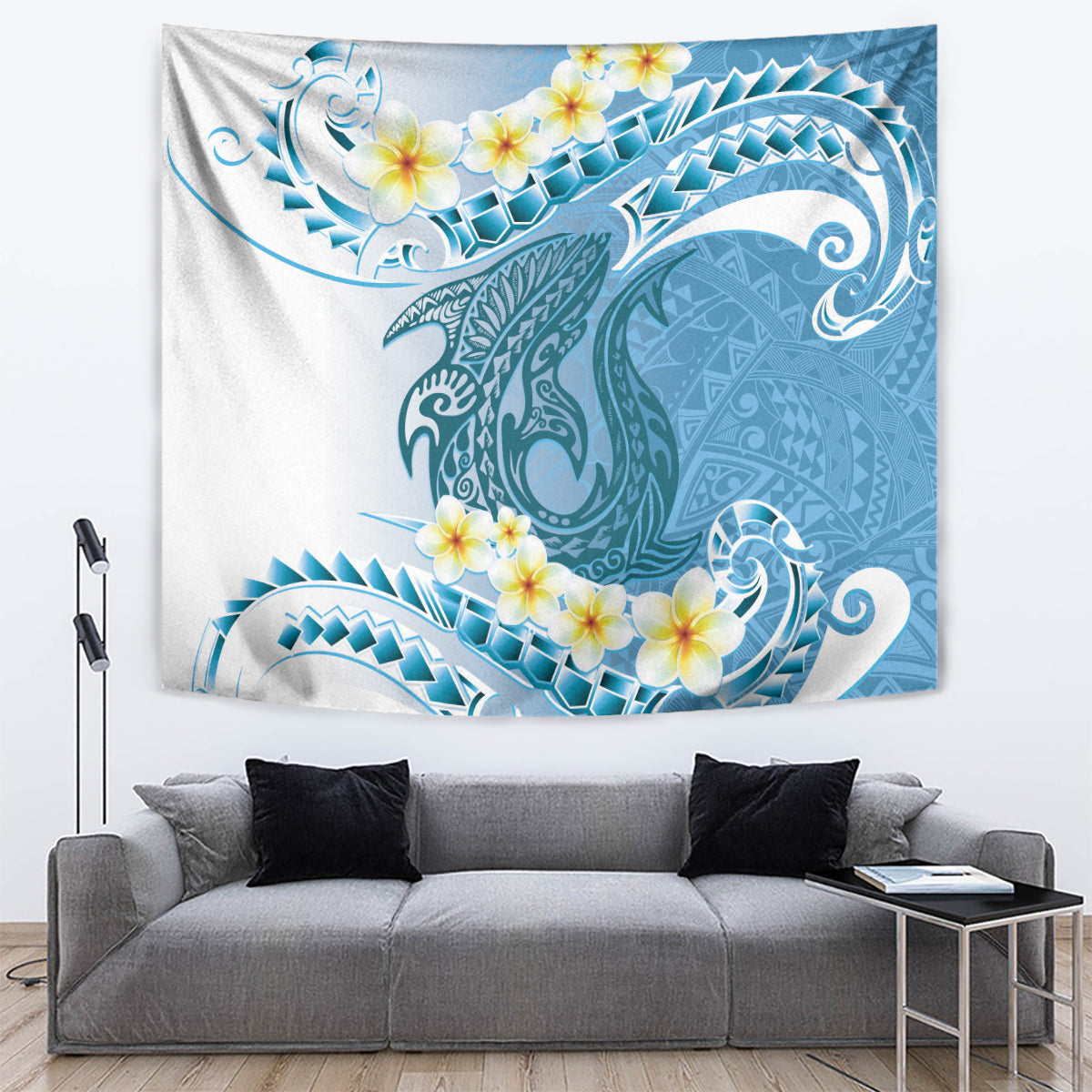 Blue Hawaii Shark Tattoo Tapestry Frangipani With Polynesian Pastel Version LT14 Blue - Polynesian Pride